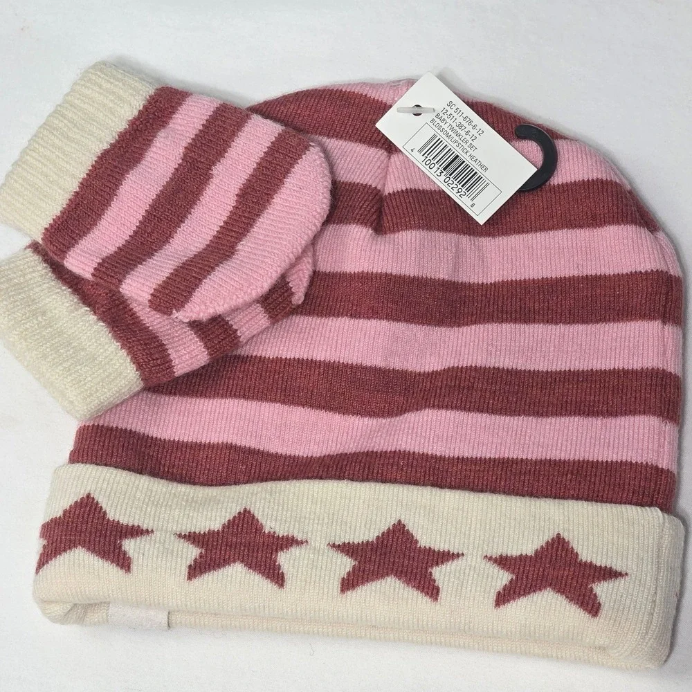 Smartwool Baby Twinkler Beanie & Mittens Set Merino Wool Pink Striped 6-12M